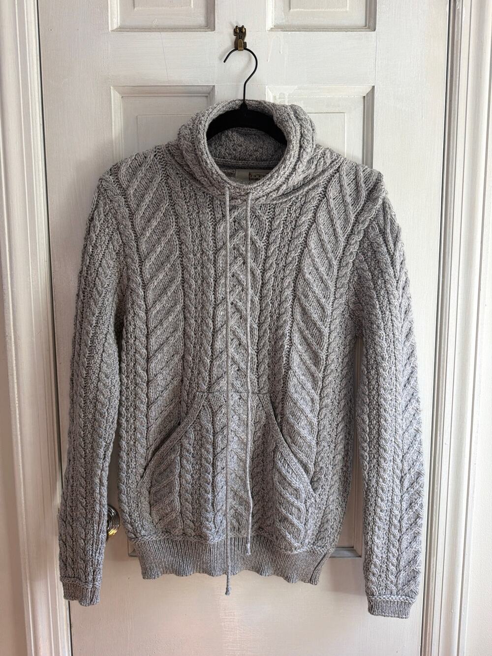 Aran Sweater Market Cable Knit Cowl Neck Hoodie Sweater Gray Small